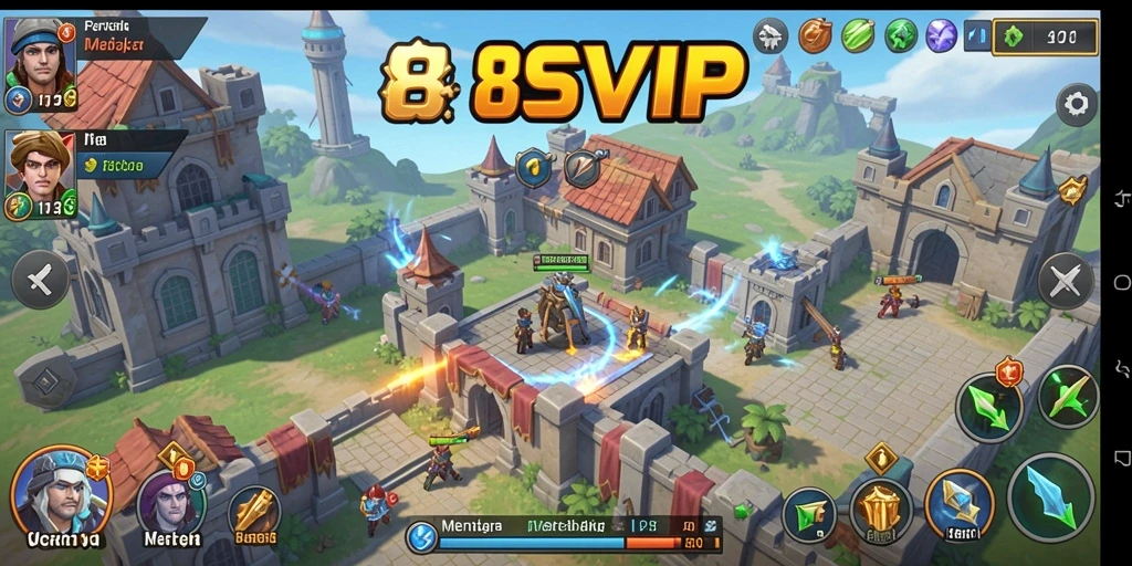 Tampilan gameplay 8SVIP dengan beragam menara dalam pertempuran.