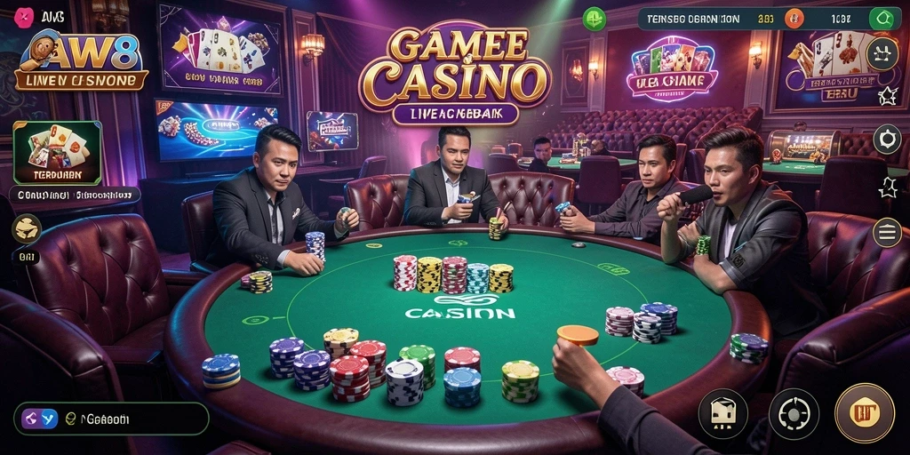 Screenshot gameplay Live Casino AW8 dengan dealer langsung dan permainan menarik.