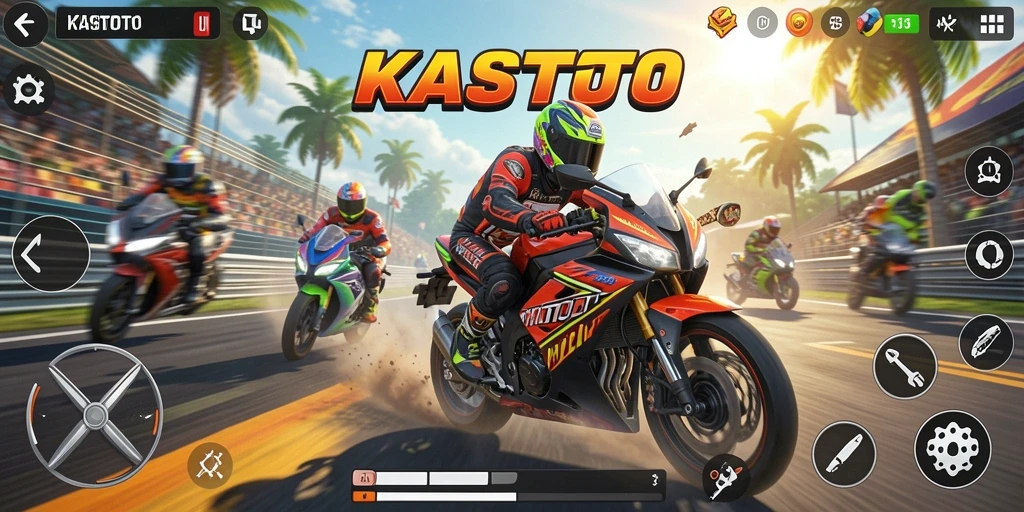 Screenshot gameplay KASTOTO menampilkan balapan motor yang mendebarkan.