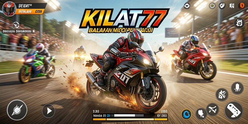 Screenshot gameplay KILAT77 menampilkan balapan motor yang mendebarkan.