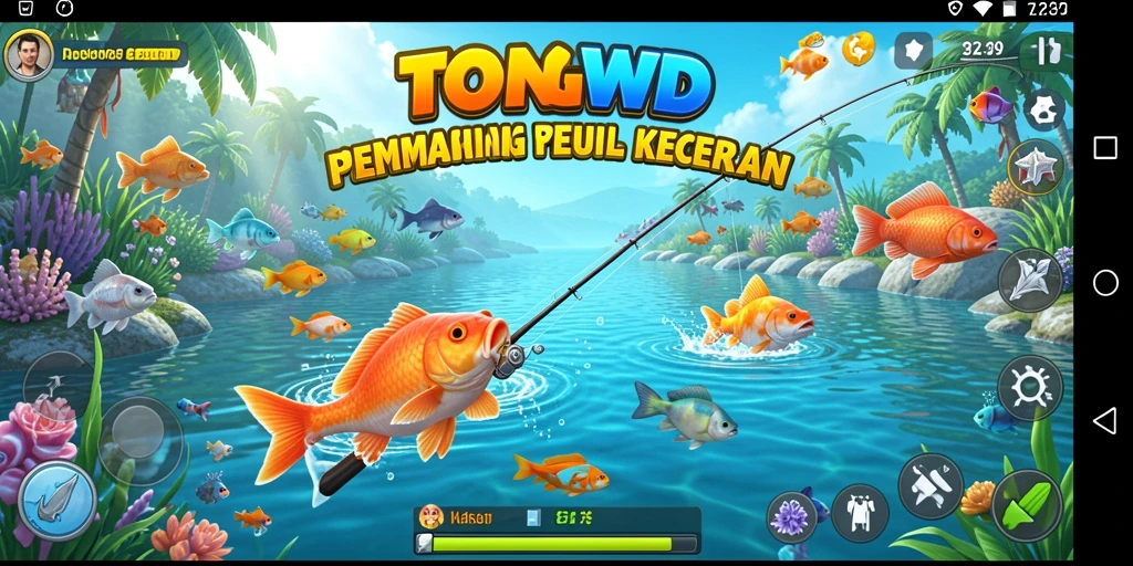Screenshot TONGWD menampilkan aksi seru dalam permainan memancing.